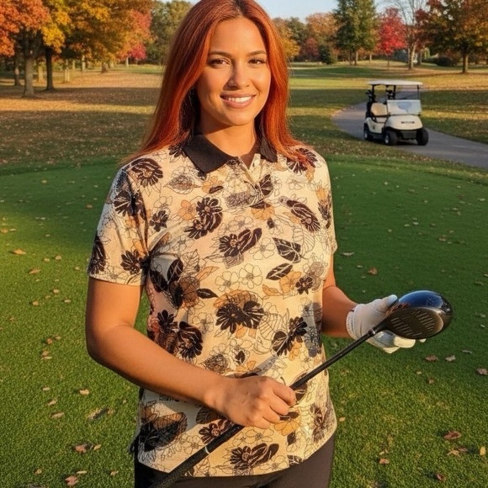 ASTRA Classic Golf Cream Gold Brown Floral 100% Cotton Polo Shirt L Vintage Fall